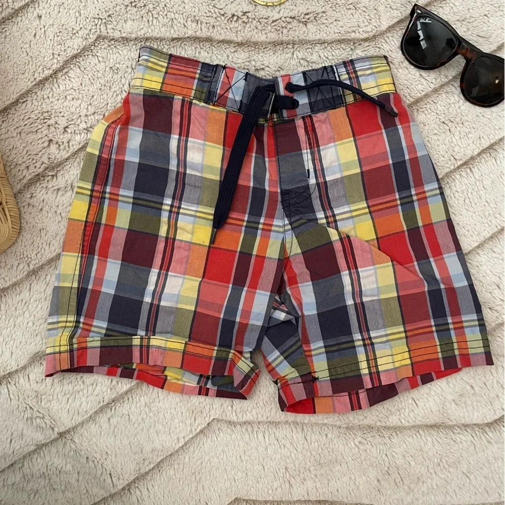 KIDS: Janie and Jack Coral Plaid Swim Trunks